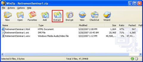 Image of WinZip dialogue box with Extract button highlighted