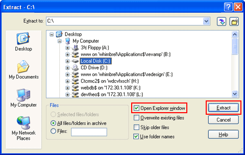 Extract To dialogue box with Open Explorer window and Extract button highlighted