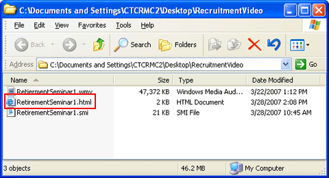 Window Explorer folder with RetirementSeminar1.html file highlighted