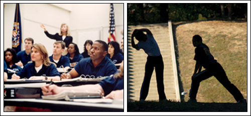 Left: FBI students in the classroom. Right: Stretching exercises at Quantico.