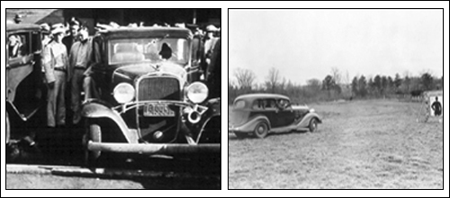 Left: The aftermath of the Kansas City Massacre. Right: FBI agents take target practice with a Thompson machine gun.