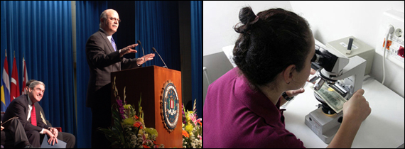 Photo of Director and guest speaker at academy graduation, and photo of a student viewing a slide through a microscope