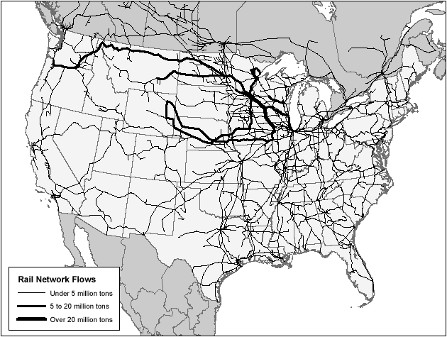 Map 3-2: MinnesotaTotal Rail Flows: 1999. If you are a user with a disability and cannot view this image, please call 800-853-1351 or email answers@bts.gov for further assistance.