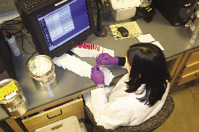 Photo of a biologist checking blood samples