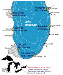 Map of southern Lake Michigan showing Met station locations