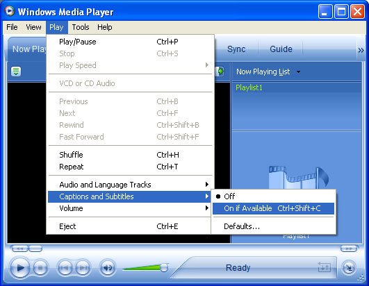 Screen shot of Windows Media Player with menu drop down to Play > Captions and Subtitles > On if Available