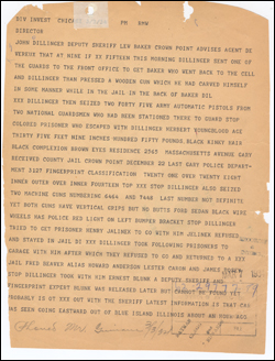 Telegram detailing Dillinger's escape from Crown Point, page 1