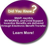 Did you know that Food Stamp coupons, monthly WVWORKS, and Child Support Incentive Benefits are delivered through Electronic Benefit Transfer? Visit the Electronic Benefit Transfer site to learn more.