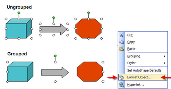 There are five images grouped together in this picture. The first grouping is an illustration that is ungrouped of three images: a blue square, a gray arrow and a red hexagon. The fourth image is a grouped object of the same three images: blue box, gray arrow and red hexagon. The fifth image is the formatting menu with Format Object selected.