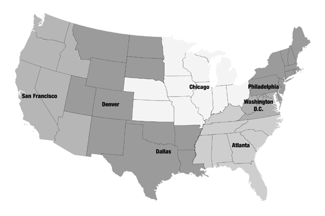 map of United States showing field offices’ geographic coverage: San Francisco, Denver, Dallas, Chicago, Atlanta, Washington D.C., Philadelphia