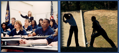Left: FBI students in the classroom.  Right: Stretching exercises at Quantico.