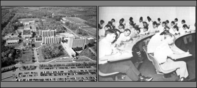 Left: The new FBI Academy in 1972. Right:  Interior shot of a classroom in the new Academy.
