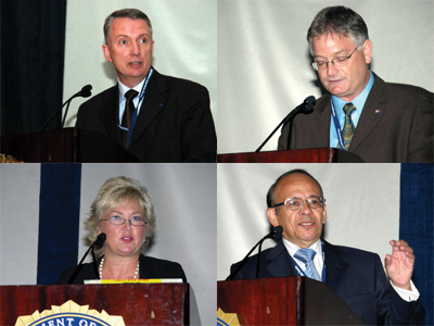 Globally speaking: Ruben Ramirez, Head of the Department of Physical Protection and Safeguards in Mexico (lower right); Allan Murray of the Australian Nuclear Science and Technology Organization (upper right); Dr. Cynthia Jones, Senior Technical Advisor for Nuclear Security at the U.S. Nuclear Regulatory Commission (lower left); Eric Plaisant, Chief Superintendent of the French National Police (upper left).