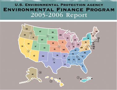 image of 2005-06 Environmental Finance Annual Report's front cover featuring a map of the 10 US regions
