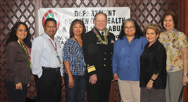 Photo of Bobbie S. N. Benavente, Don P. Sabang, Sylvia Quinata, Dr. Broderick, Reina Sanchez, Annie Unpingco, and Marilyn Aflague