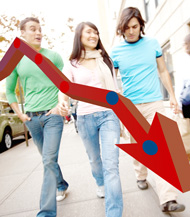 Photo of three young people with a downward diagonal arrow superimposed across them