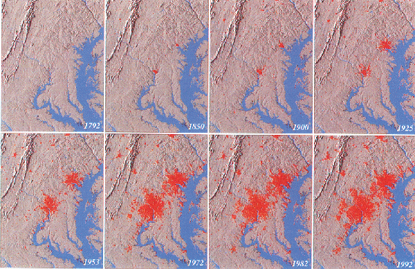 Figure 5-2 Images illustrating urban extent within the Baltimore-Washington region in 1792, 1850, 1900, 1925, 1953, 1972, 1982, and 1992