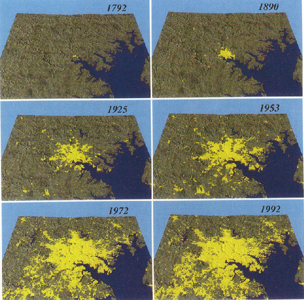 Figure 5-3 Images illustrating urban growth in the Baltimore-Washington region in 1792, 1890, 1925, 1953, 1972, and 1992.