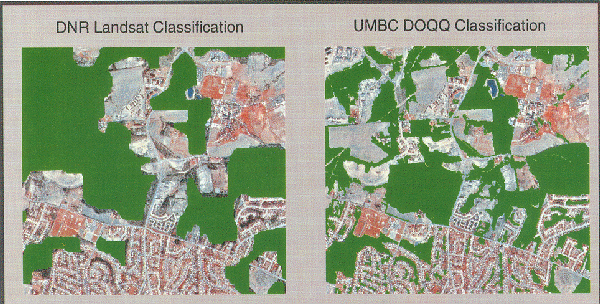 Figure 5-5 Images illustrating the difference in forest patch delineation using Landsat and digital ortho quarter quads.