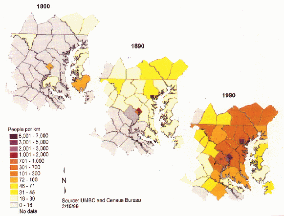 Figure 5-7 Maps of population density by county for 1800, 1890, and 1990.