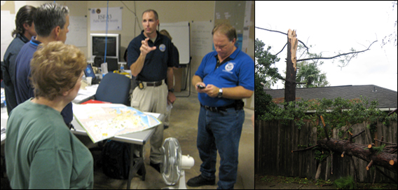 Photo on the left, members of the government’s ESF-13 group responding to Hurricane Gustav, including SSA Mark Morgan (in dark shirt) of the FBI’s
              Critical Incident Response Group; right, a tree downed by Gustav.