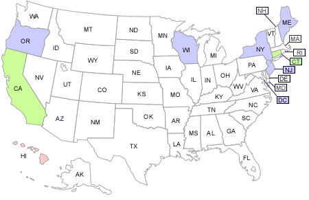 Image of US map with highlighted states showing states that have a utility standby rates policy in place, states that have one utility with a favorable standby rate policy in place, and one state with action that is possible or pending.