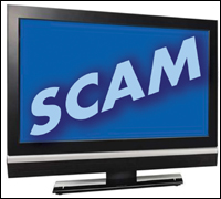 Plasma-screen TV showing the word "Scam"