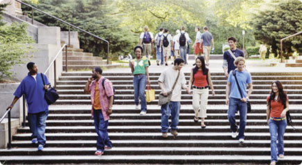 photo of college students walking down stairs on campus