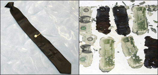 Cooper's black tie (left); $20 bills stolen by Cooper and recovered in 1980 (right)