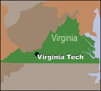 Map of Virginia showing location of Virginia Tech