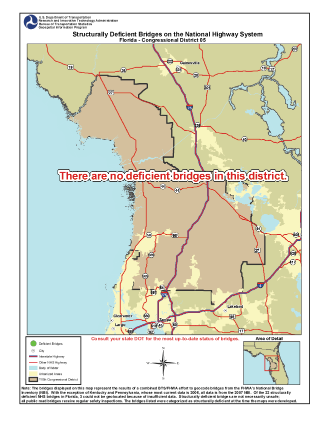 Florida (Congressional District 5) - There are no deficient bridges in this district. If you are a user with disability and cannot view this image, call 800-853-1351 or email answers@bts.gov.