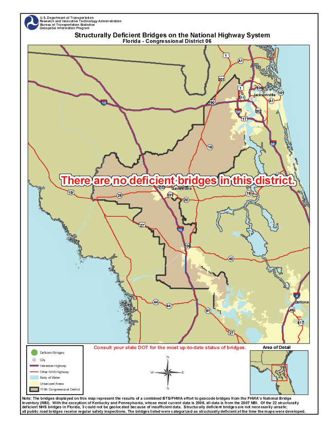 Florida (Congressional District 6) - There are no deficient bridges in this district. If you are a user with disability and cannot view this image, call 800-853-1351 or email answers@bts.gov.