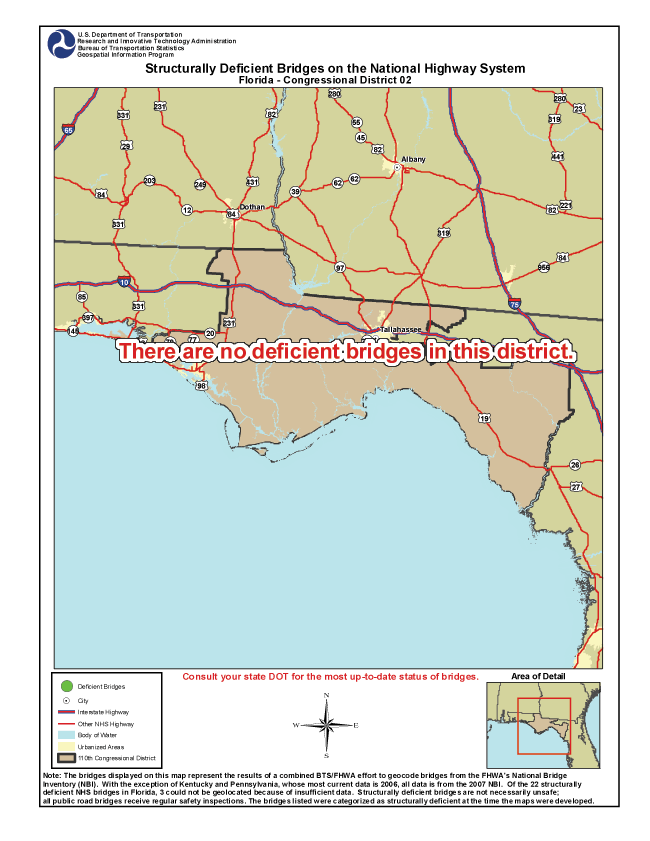Florida (Congressional District 2) - There are no deficient bridges in this district. If you are a user with disability and cannot view this image, call 800-853-1351 or email answers@bts.gov.