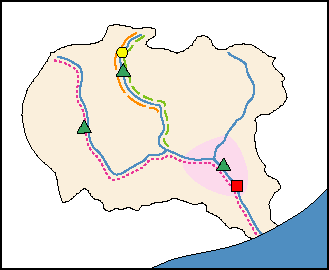 Individual program events are represented as points, lines, and polygons.