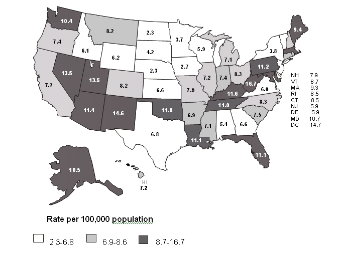 Unintentional and undetermined drug poisoning mortality rates per 100,000 population by state, 2004; map generated using Centers for Disease Control and Prevention's WONDER online mortality data query system, available at wonder.cdc.gov (accessed 22 March 2005)