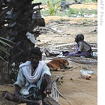 Sri Lankan Tamil civilians sit among the rubble of a village near Puthukkudiyiruppu, 24 Apr 2009