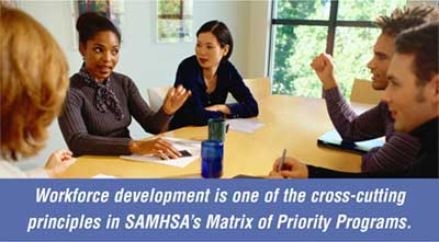 Photo title: Workforce development is one of the cross-cutting principles in SAMHSA's Matrix of Priority Programs. Photo description: photo of five employees seated at a table and engaged in discussion