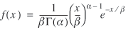 lowercase f (lowercase x) = 1 divided by (lowercase beta uppercase gamma (lowercase alpha)) (lowercase x divided by lowercase beta) superscript {lowercase alpha minus 1} lowercase e superscript {negative lowercase x over lowercase beta}