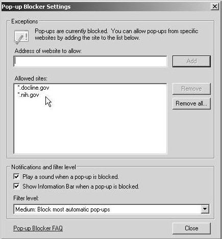 Internet Explorer Pop-up Blocker Settings Dialog Box