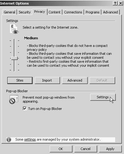 Internet Explorer Settings Box