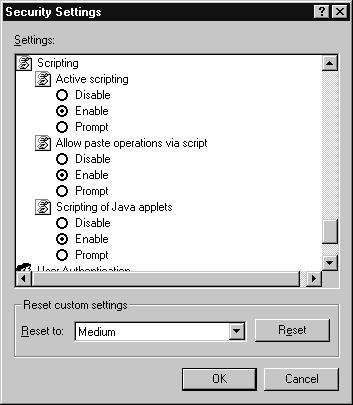 Internet Explorer Security Settings Dialog Box