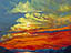 A painting of wispy clouds in a red, orange and blue sky