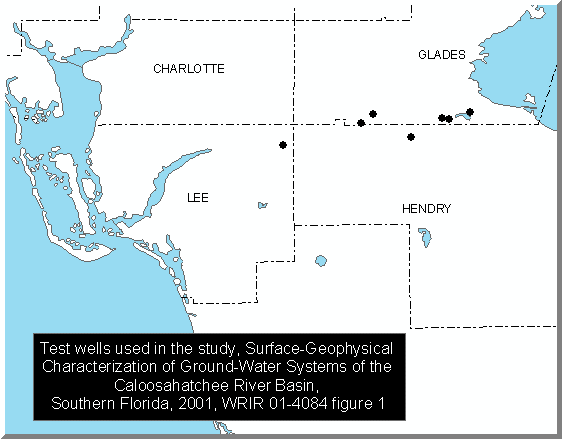 Test wells used in the study, Surface-Geophysical Characterization of Ground-Water Systems of the Caloosahatchee River Basin, Southern Florida, 2001, WRIR 01-4084 figure 1