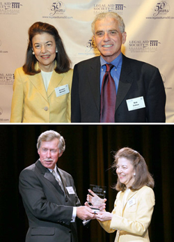 Top: LSC President Helaine M. Barnett stands with Bob Cohen, executive director of the Legal Aid Society of Orange County. Below: Barnett accepts an award from Legal Aid Society Board President Tom Peterson on behalf of LSC's Technology Initiative Grants Program.