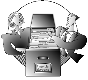 Illustration of a woman and a man looking through an open filing cabinet which is labeled "Financial Services".