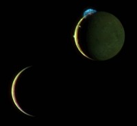 This beautiful image of the crescents of volcanic Io and more sedate Europa is a combination of two New Horizons images taken March 2, 2007.