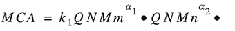 uppercase m uppercase c uppercase a = lowercase k subscript {1} uppercase q uppercase n uppercase m lowercase m superscript {lowercase alpha subscript {1}} dot uppercase q uppercase n uppercase m lowercase n superscript {lowercase alpha subscript {2}} dot