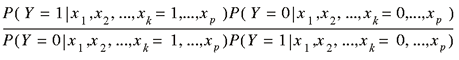 uppercase p (uppercase y = 1 | lowercase x subscript {1}, lowercase x subscript {2}, ..., lowercase x subscript {lowercase k} = 1, ..., lowercase x subscript {lowercase p}) uppercase p (uppercase y = 0 | lowercase x subscript {1}, lowercase x subscript {2}, ..., lowercase x subscript {lowercase k} = 0 ,..., lowercase x subscript {lowercase p}) divided by uppercase p (uppercase y = 0 | lowercase x subscript {1}, lowercase x subscript {2}, ..., lowercase x subscript {lowercase k} = 1, ..., lowercase x subscript {lowercase p}) uppercase p (uppercase y = 1 | lowercase x subscript {1}, lowercase x subscript {2}, ..., lowercase x subscript {lowercase k} = 0 , ..., lowercase x subscript {lowercase p})