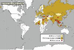 Click to view global map documenting H5N1 Avian influenza outbreaks by country and type [animal (wildlife, poultry, or both) or human]