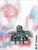 Photo montage with Martin Luther King Jr., Abraham Lincoln, Rosa Parks and other civil rights figures (AP Images)